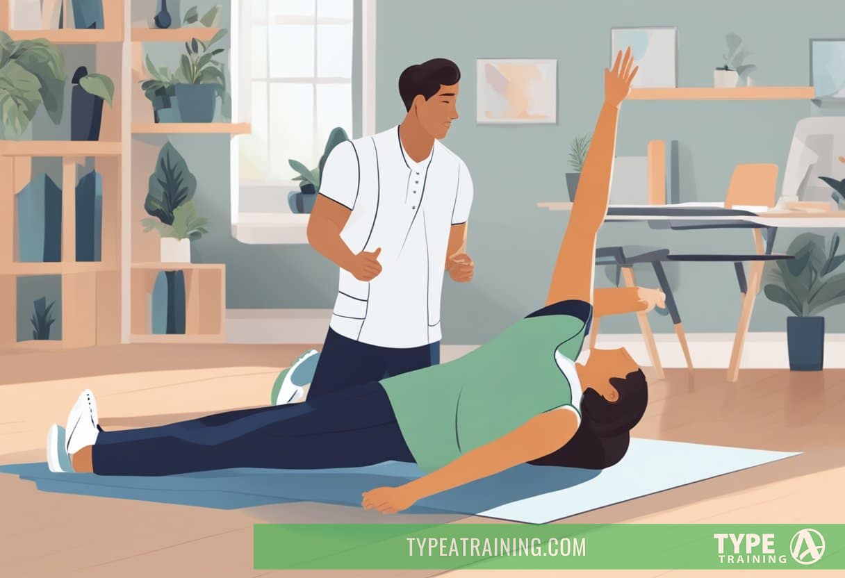 A person receiving assistance with stretching from a professional