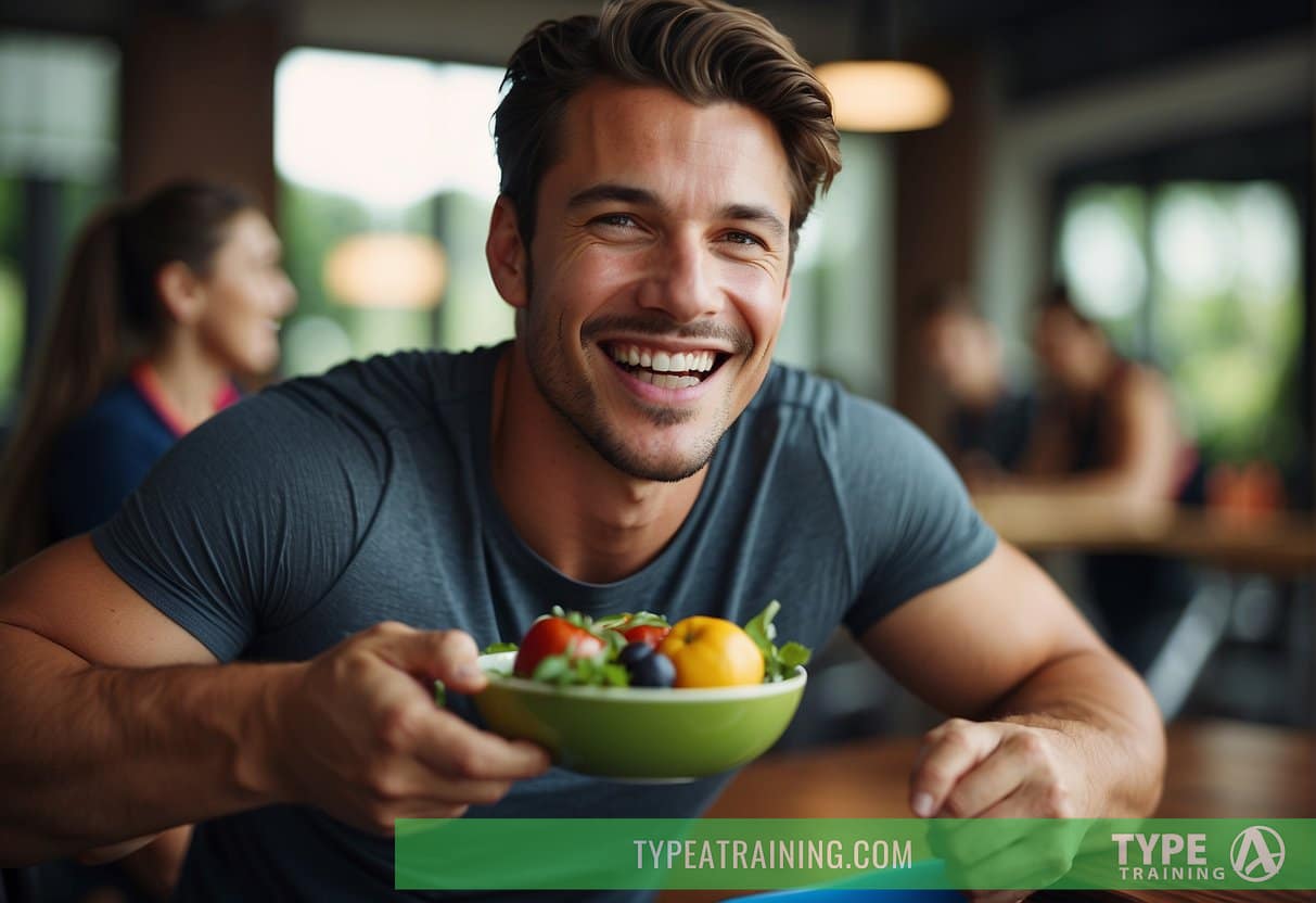A person eating healthy food while exercising, with a happy expression on their face
