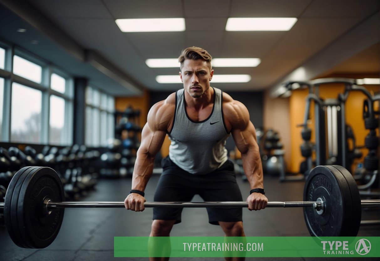 A person lifting weights in a gym, surrounded by healthy food and a positive atmosphere, with a sense of determination and focus