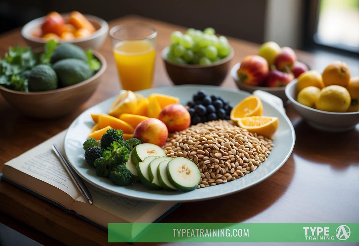 A colorful plate of fruits, vegetables, whole grains, and lean proteins, surrounded by a yoga mat, running shoes, and a book on mental wellness