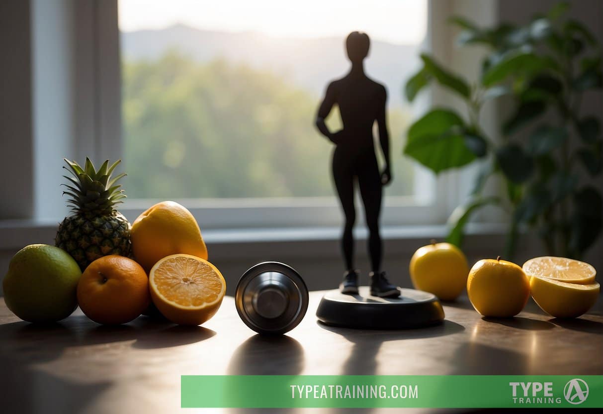 A person's silhouette stands between a dumbbell and a plate of fruits, symbolizing the connection between fitness, nutrition, and mental health
