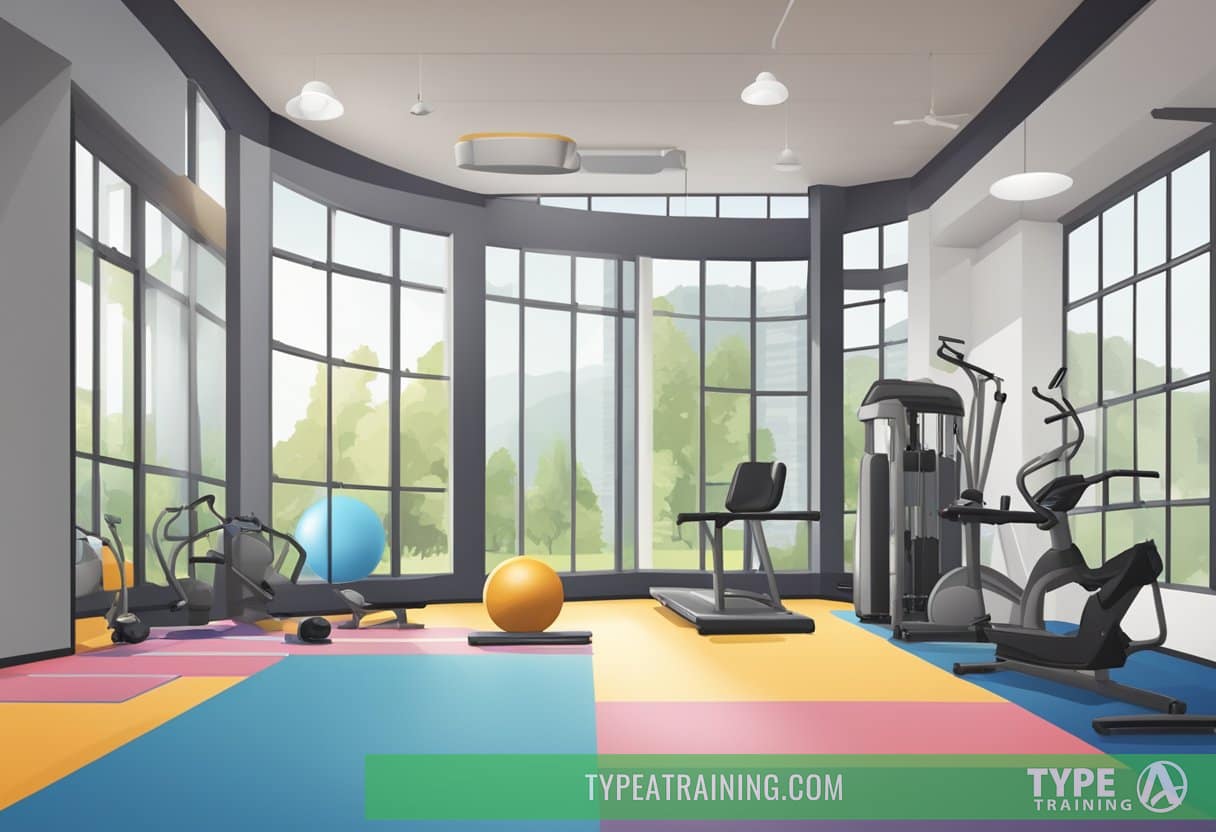 A clock with intervals marked, a timer counting down, and various exercise equipment arranged in a gym setting