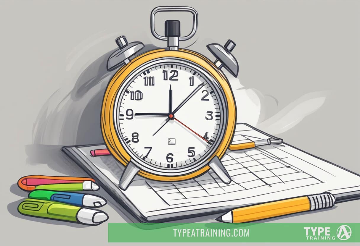 A clock with a timer set to one minute, a stopwatch, and a list of exercises on a clipboard