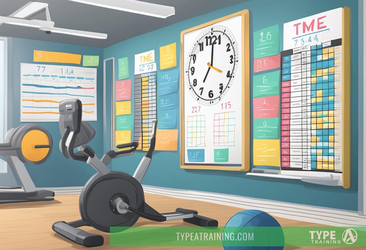 A clock displaying time intervals with a workout plan written on a whiteboard in a gym setting