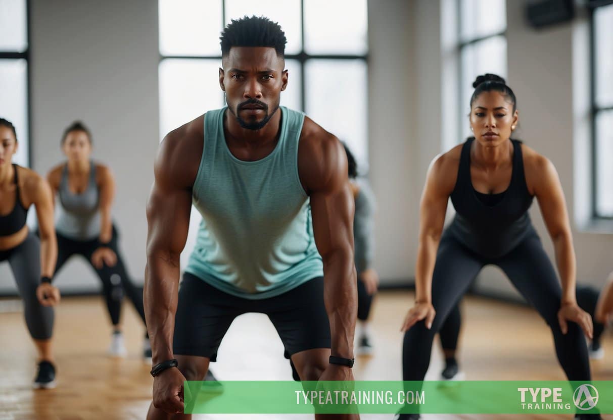 A group of people perform high-intensity exercises in a spacious, well-lit room. Sweat drips as they complete various movements in a Tabata workout