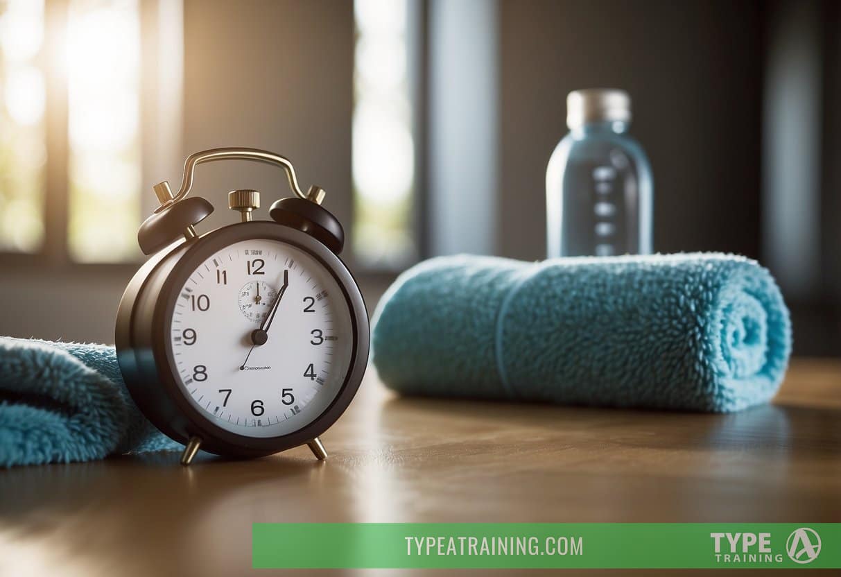 A timer set for 20 seconds of intense exercise, followed by 10 seconds of rest. Water bottle and towel nearby