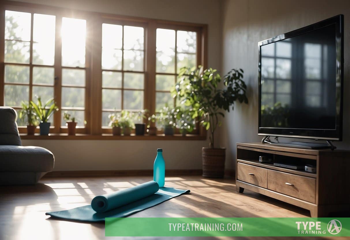 A living room with a yoga mat, water bottle, and timer set up. The TV displays a Tabata workout video. Sunlight streams in through the window