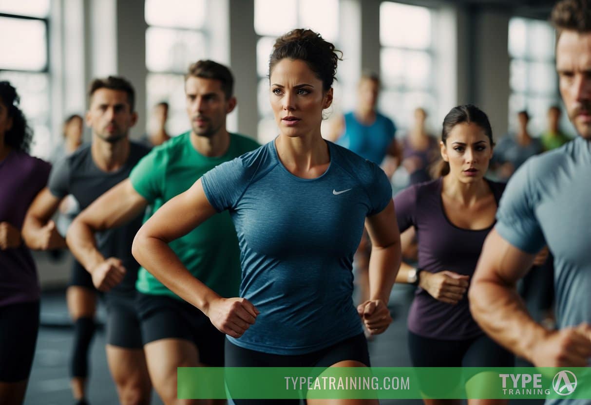 A group of people engaging in high-intensity interval training exercises, with a clock or timer displaying short intervals of intense exercise followed by brief rest periods