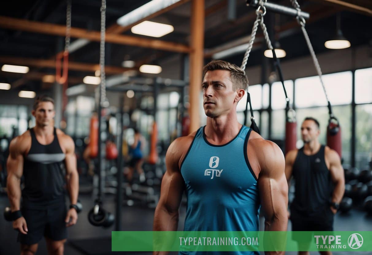 Participants performing various exercises in a gym, with a clock visible, counting down time. Equipment such as kettlebells, barbells, and pull-up bars are being used