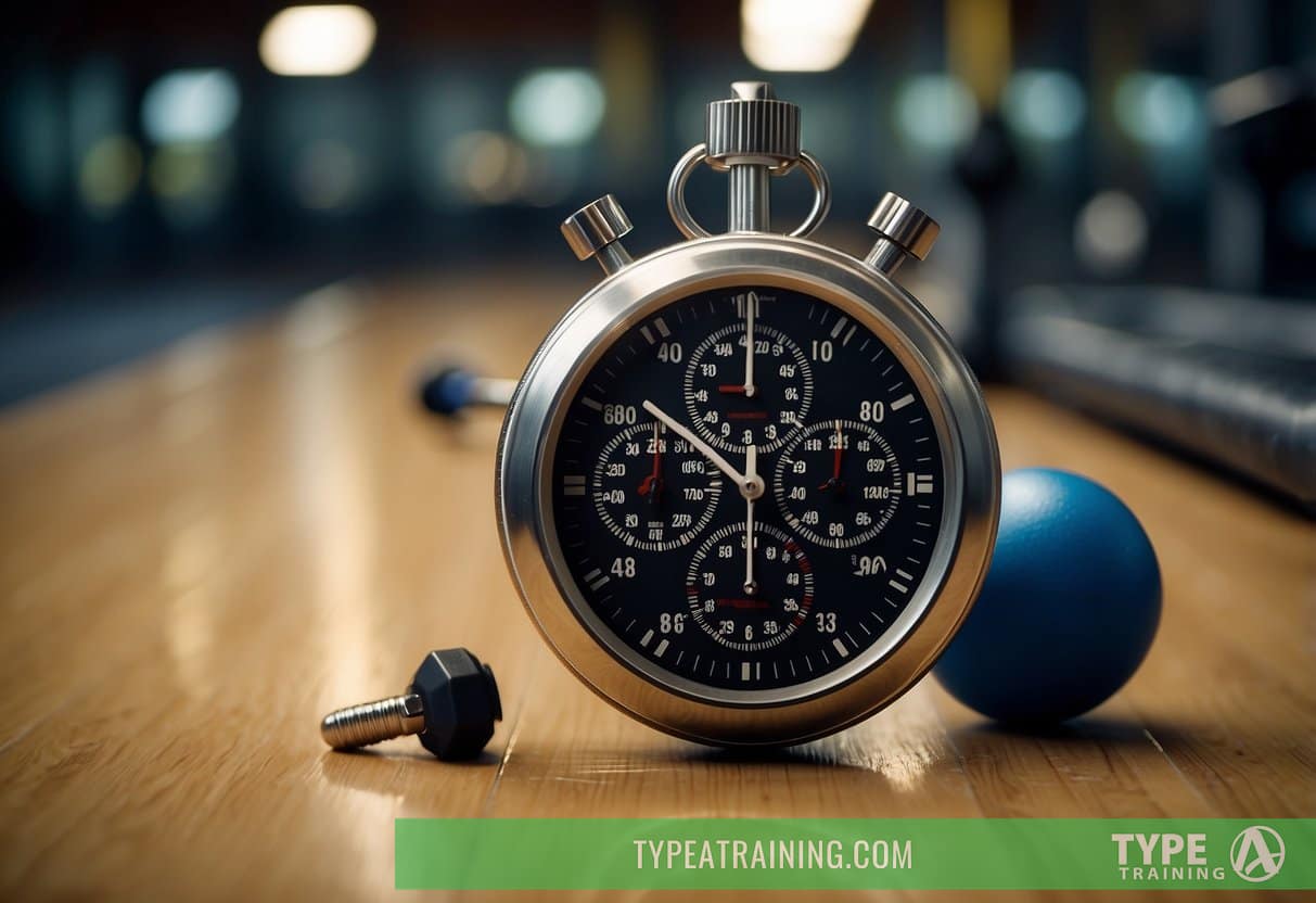 A stopwatch ticking as workout stations are completed in a gym setting. Timer, weights, and equipment are visible