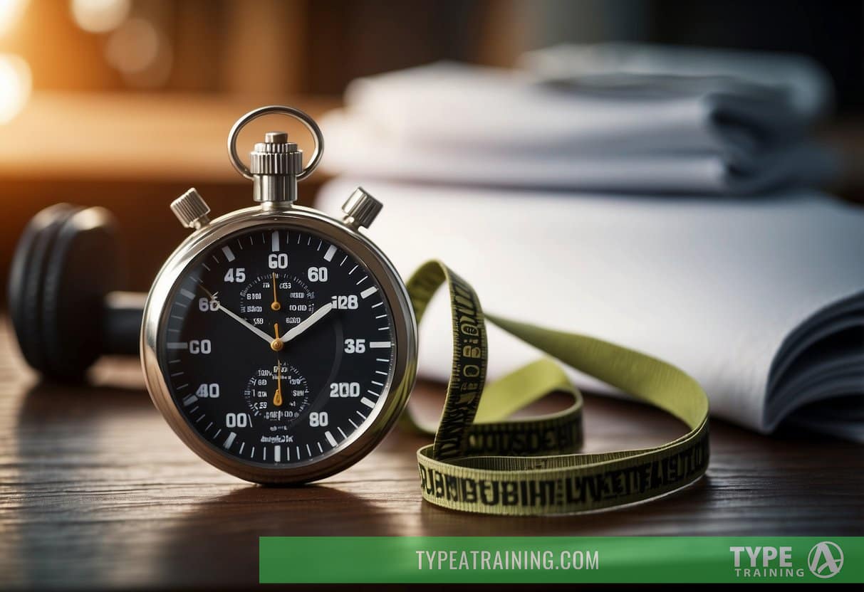 A stopwatch sits next to a list of workout instructions, with a person's workout gear in the background