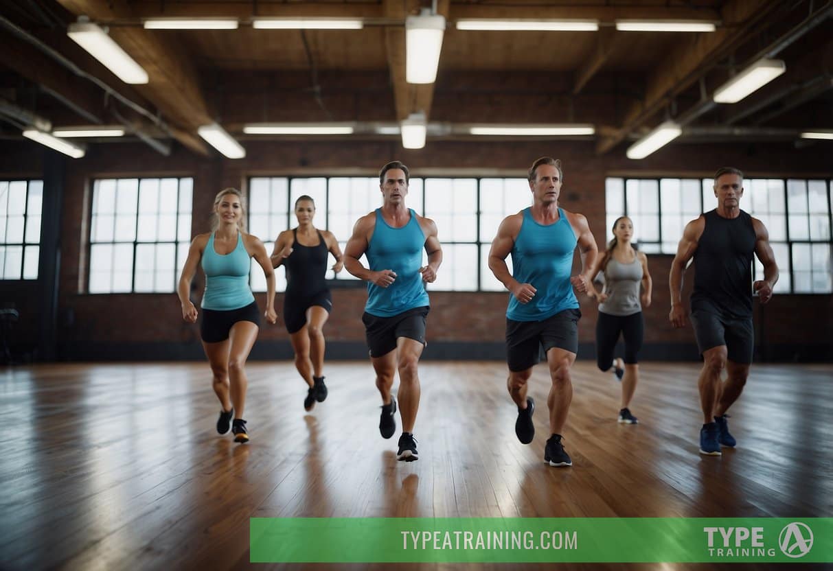 A group of people engage in high-intensity interval training (HIIT) exercises, incorporating various cardio and strength movements. Sweat drips as they push through the challenging workout