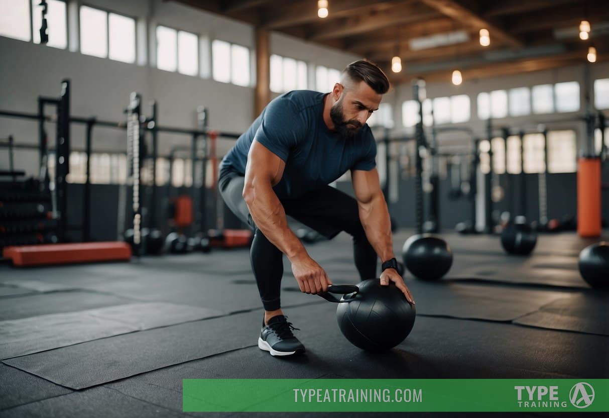 A person setting up a HIIT workout area with clear safety precautions and equipment