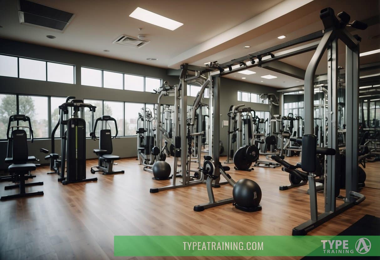 A circuit training setup with various exercise stations, including weights, mats, and cardio equipment, in a spacious, well-lit gym