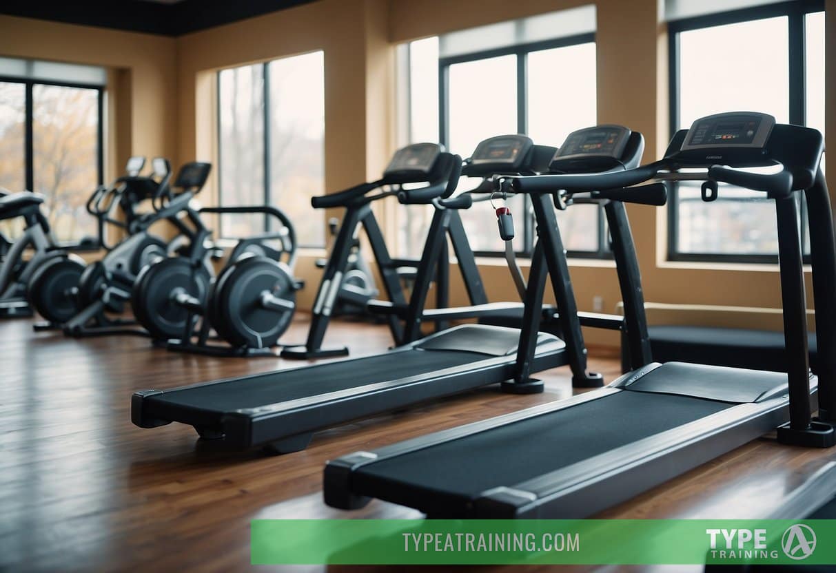 Various exercise stations arranged in a circuit with equipment like dumbbells, resistance bands, and agility hurdles. Bright, energetic atmosphere