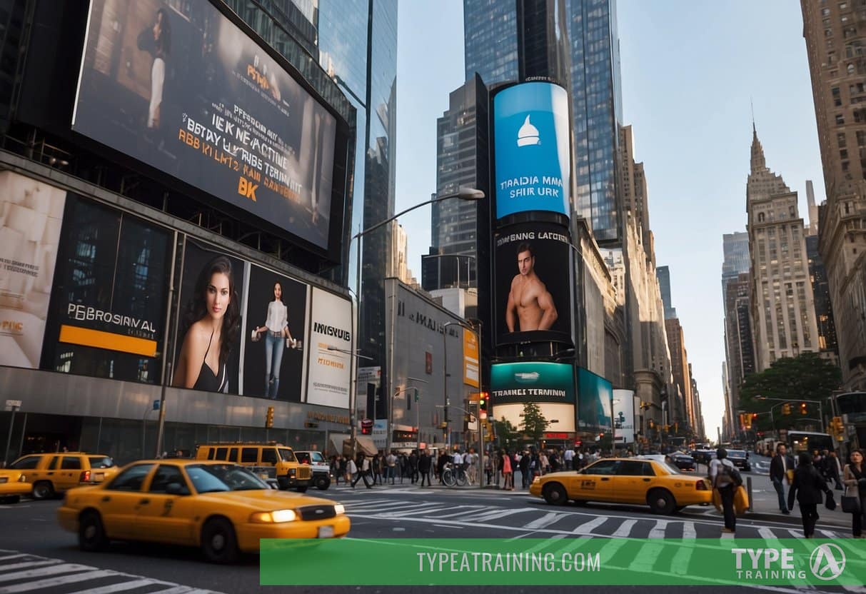 A busy New York City street with a mix of modern skyscrapers and bustling pedestrians, with a sign advertising reputable personal training services