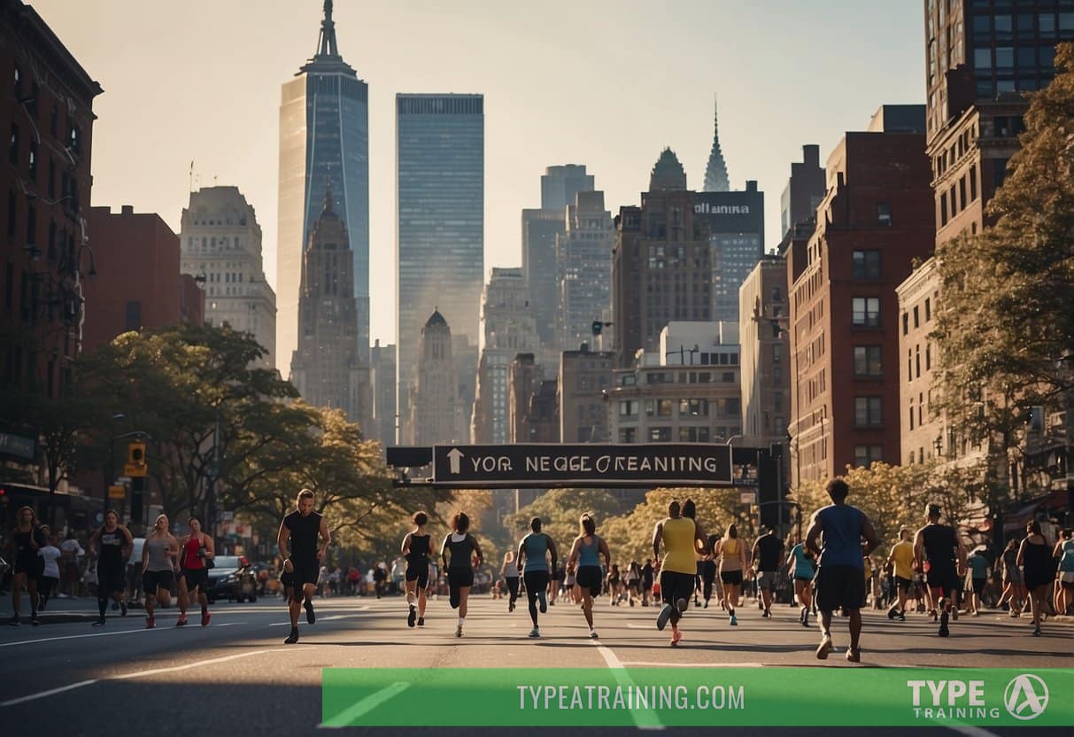 A busy New York City street with a sign for a reputable personal training facility, surrounded by people exercising and a skyline in the background