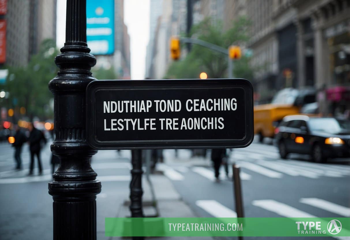 A bustling city street with a sign reading "Nutrition and Lifestyle Coaching" and people searching for a personal trainer in NYC