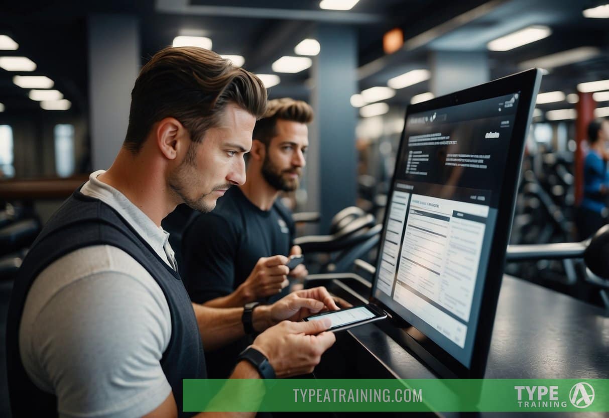A person browsing through a portfolio of trainer credentials and success stories in a New York City gym