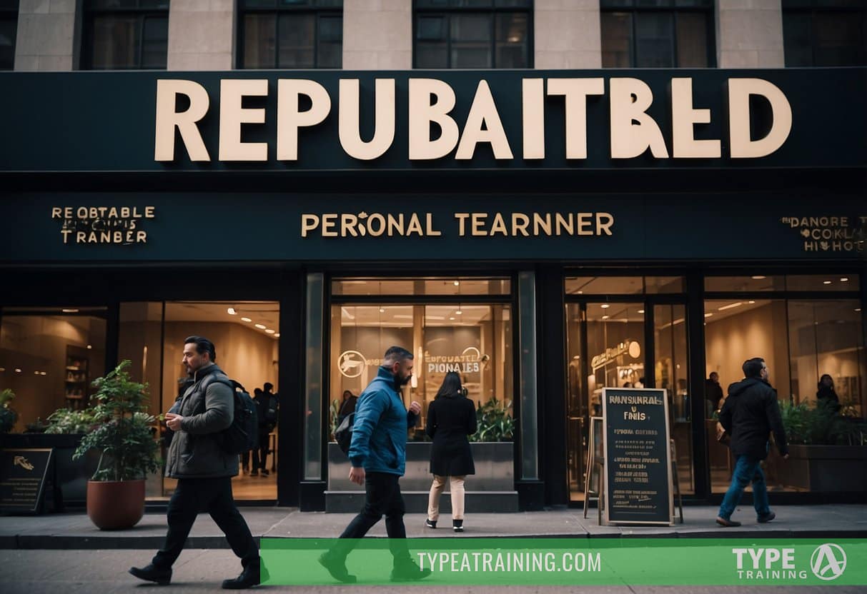 A busy city street with a sign reading "Reputable Personal Trainer" in NYC. People walking by, some looking at the sign with interest