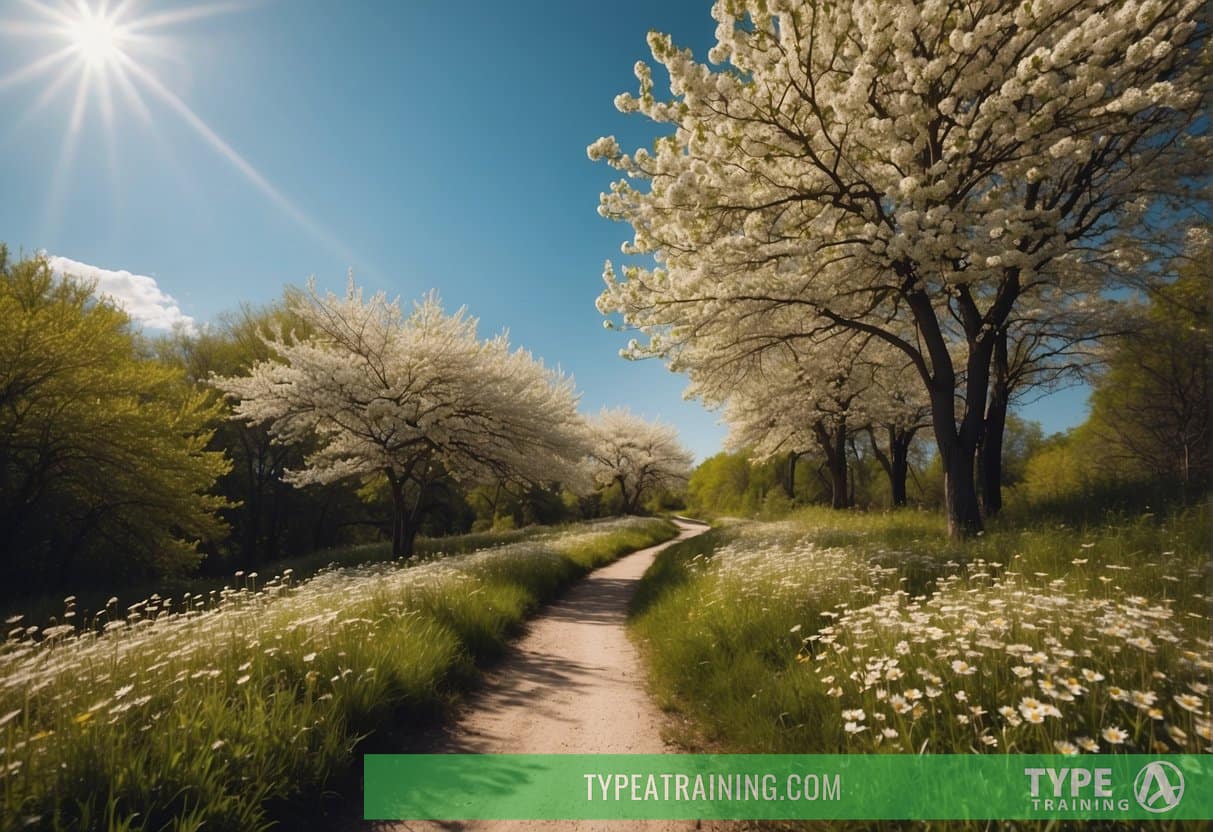A bright, sunny day with blooming flowers and green trees. A running trail winds through the vibrant landscape, with a clear blue sky overhead