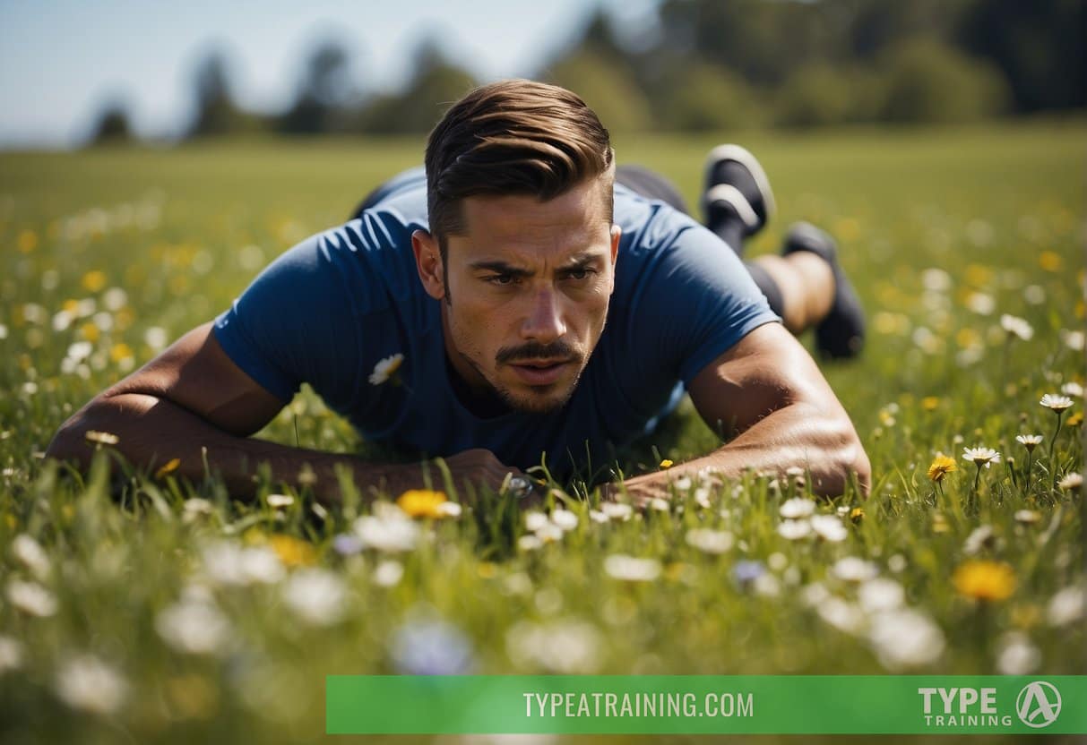 A runner stretching on a grassy field, with a clear blue sky and blooming flowers in the background