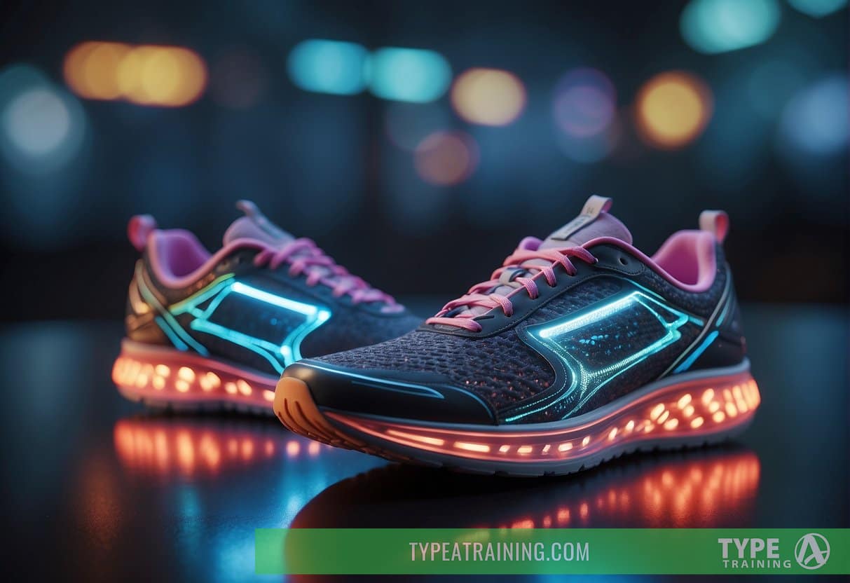 A futuristic running shoe glows with embedded technology, while a holographic display showcases the latest running tips for Spring 2024