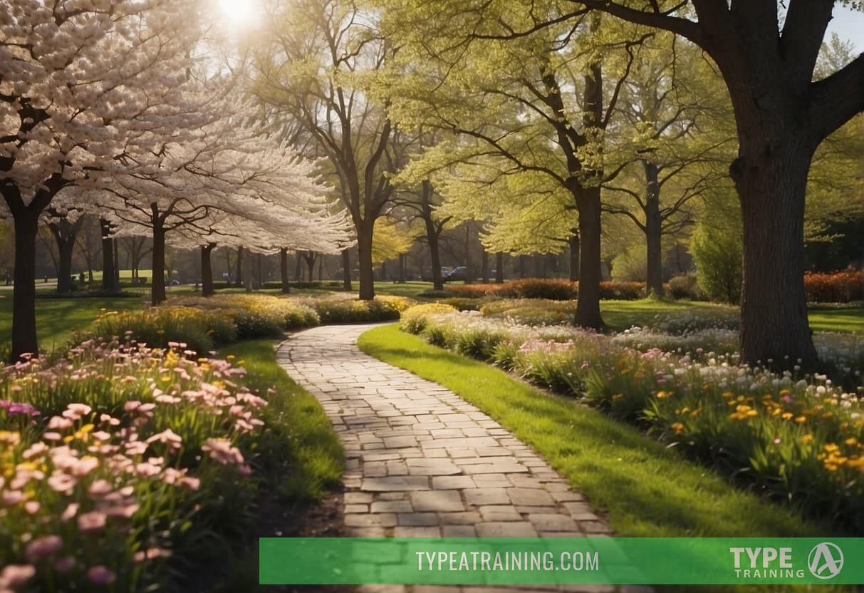 A sunny park with blooming flowers, a winding path, and runners in colorful gear. The sky is clear, and the air is fresh, creating a perfect setting for springtime running