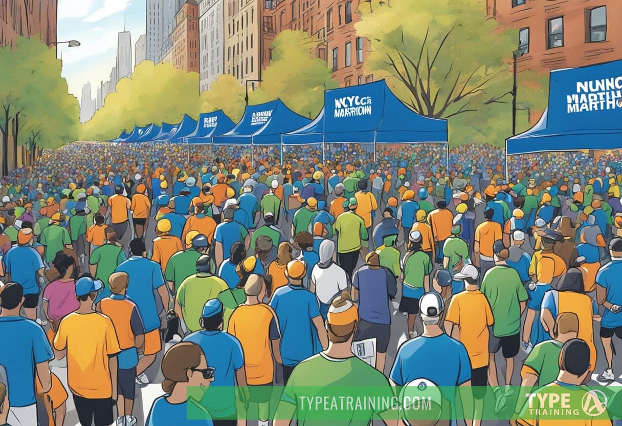 Runners fill the streets, waiting to register for the NYC Marathon. Banners and signs line the entryway, guiding participants toward the registration area. Volunteers hand out race packets and answer questions