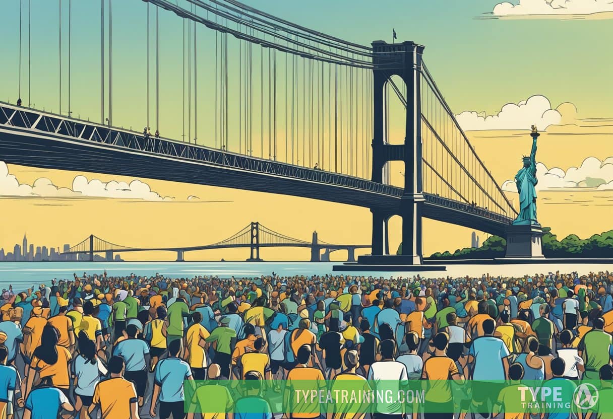 Runners crossing the iconic Verrazzano-Narrows Bridge, surrounded by cheering crowds and city skyline, with the Statue of Liberty in the distance