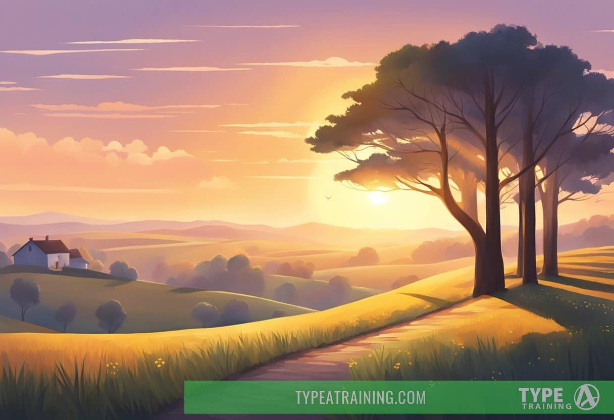 A bright sun rises over a peaceful landscape, casting long shadows and illuminating the natural surroundings. The scene is tranquil, with a sense of balance and harmony, conveying the idea of a well-regulated circadian rhythm