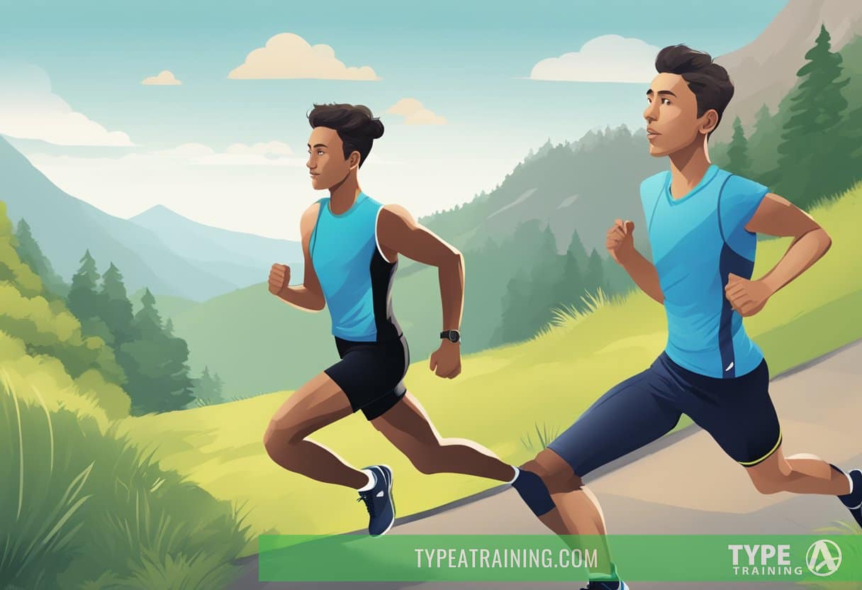 A runner on a trail, using the RPE scale, with varying levels of exertion shown through facial expressions and body language