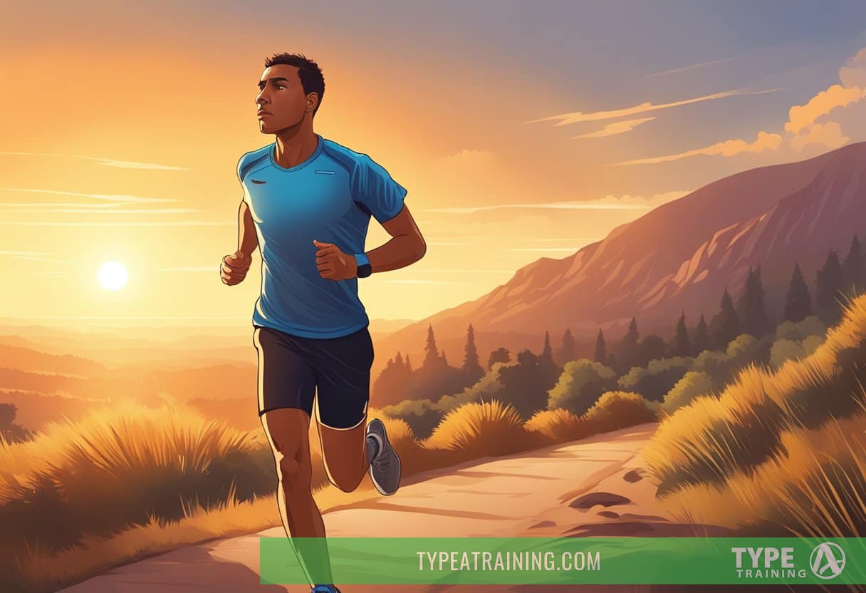 A runner on a trail, breathing heavily, sweat dripping down their face, with a determined expression. The sun is setting, casting a warm glow over the landscape