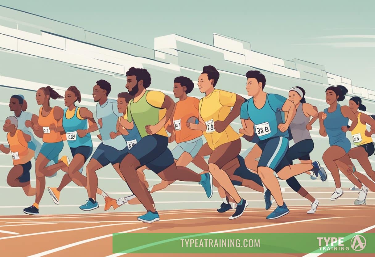Scene: A group of individuals of varying ages and fitness levels running on a track. Each person shows different levels of exertion, with some appearing relaxed and others pushing themselves to the limit