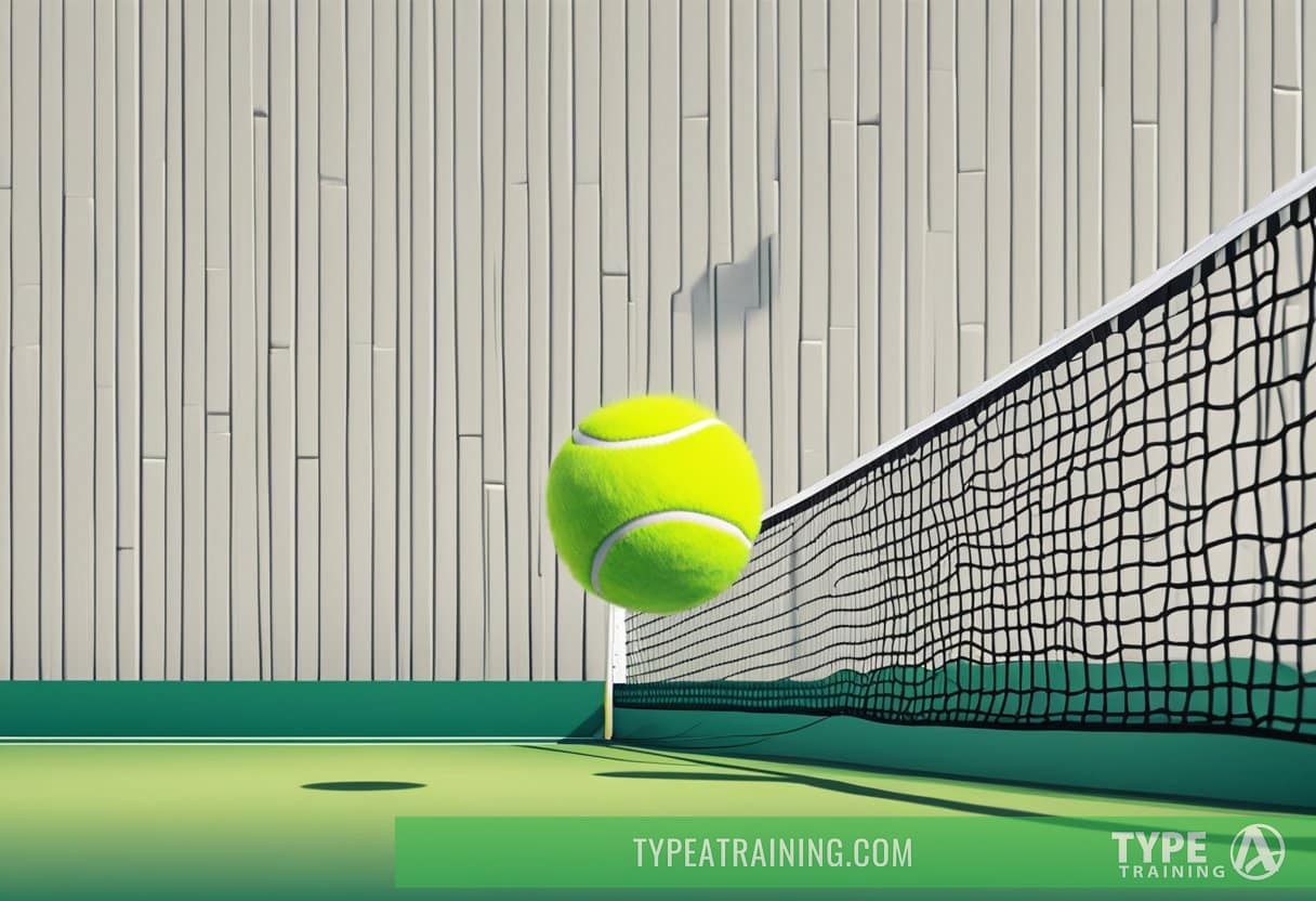 A tennis ball bounces off a wall, as a racket waits to strike. Another ball flies through the air, met with precision