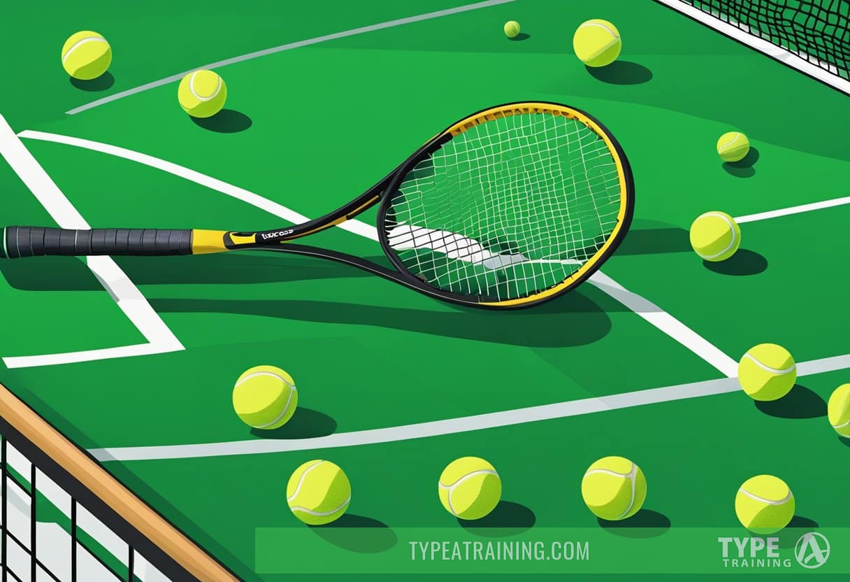 Tennis balls scattered on a green court, some bouncing, others still. A racket lies nearby, ready for action