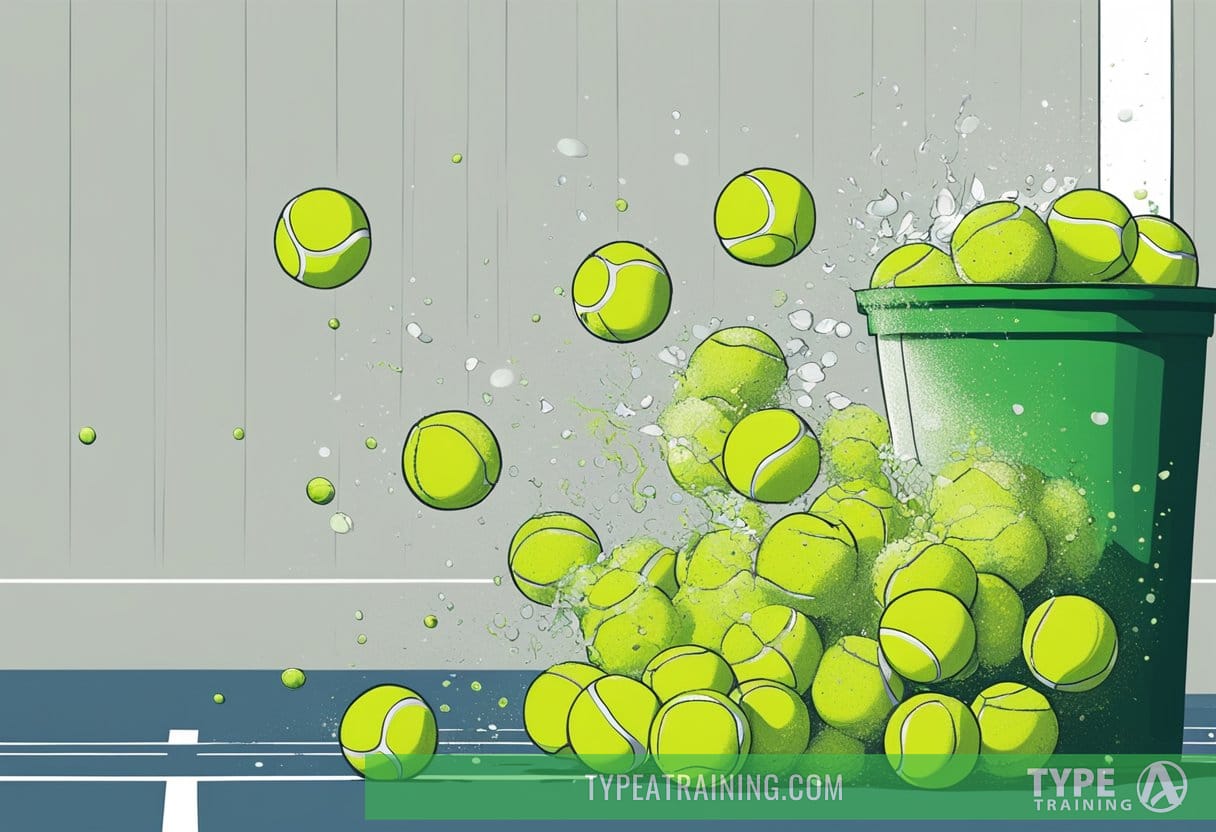 Tennis balls bouncing on the court, being hit against the wall, and being caught in a bucket