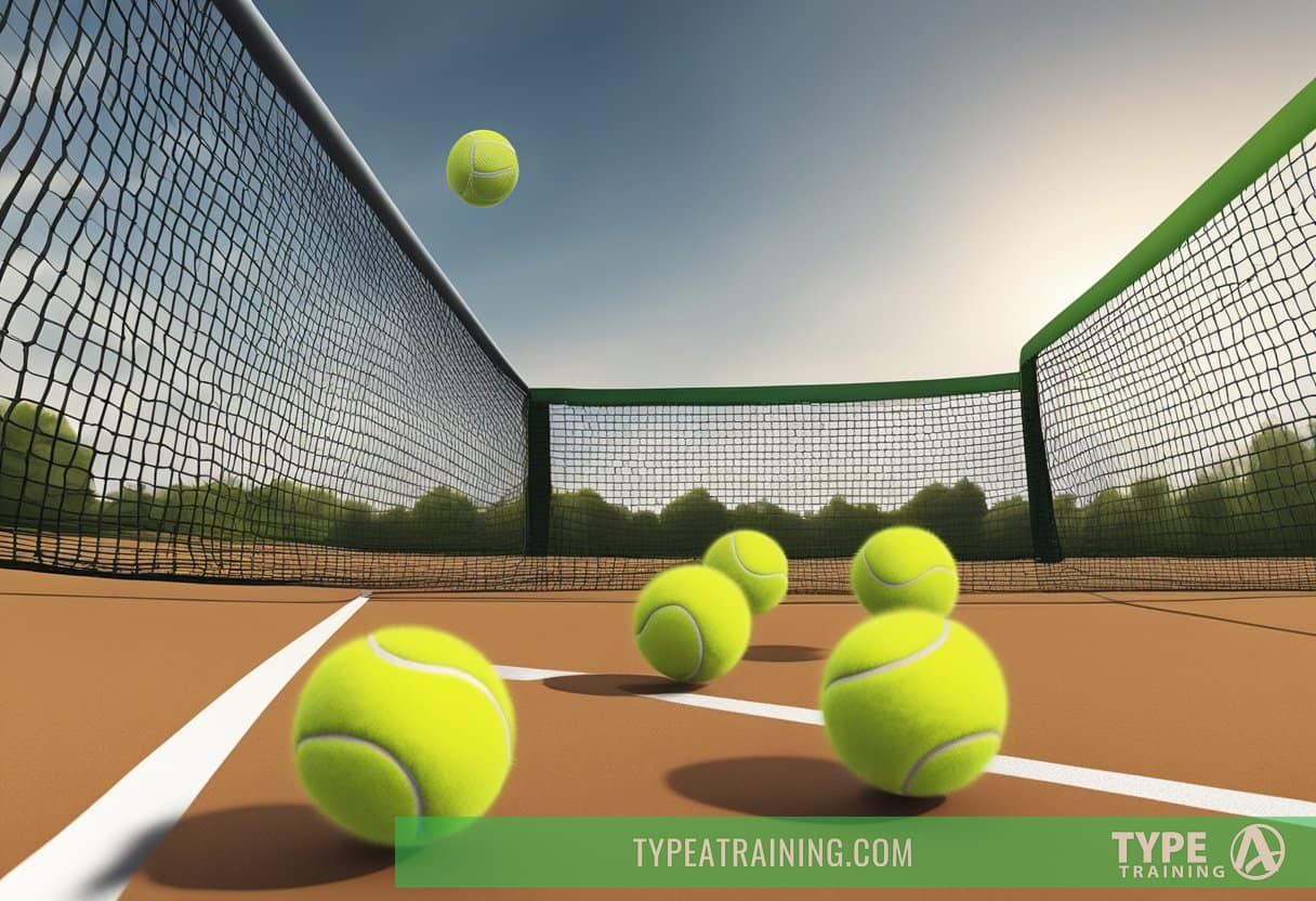 Tennis balls bounce on a court, as they are swiftly hit and caught in a series of quick drills, enhancing hand-eye coordination