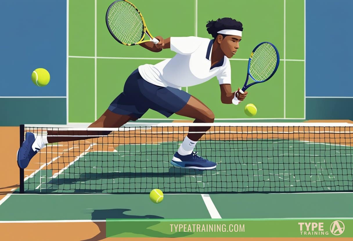 A tennis ball bounces on a court, targeted by a racket. Another ball is thrown, aimed at a specific spot. A player's intense focus is evident in their body language