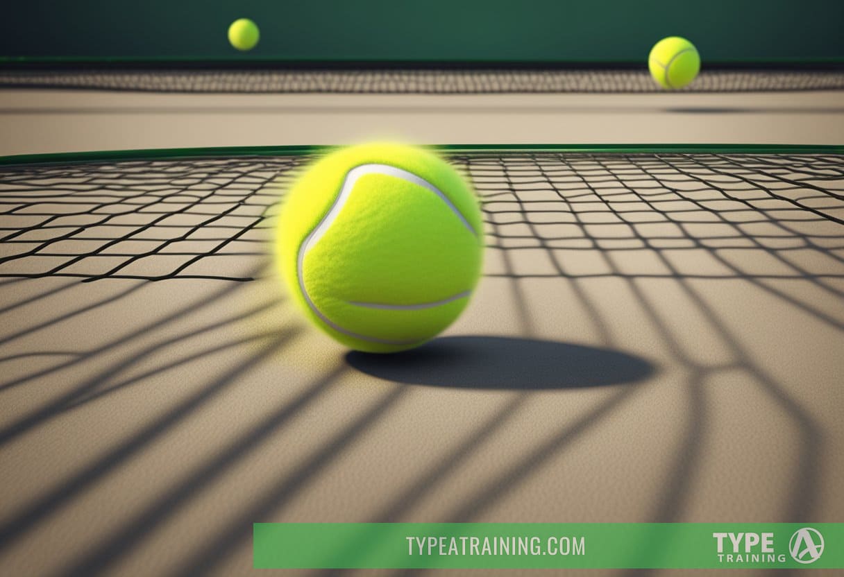 Tennis balls bounce on the ground, as they are struck by a racket. The balls move quickly, requiring precise timing and coordination