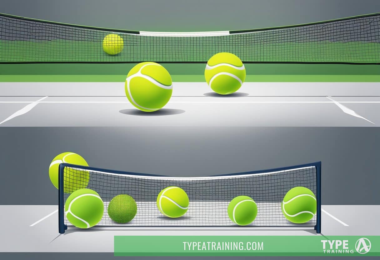 Tennis balls bouncing off targets in rapid succession, players moving swiftly to hit them with precision and accuracy
