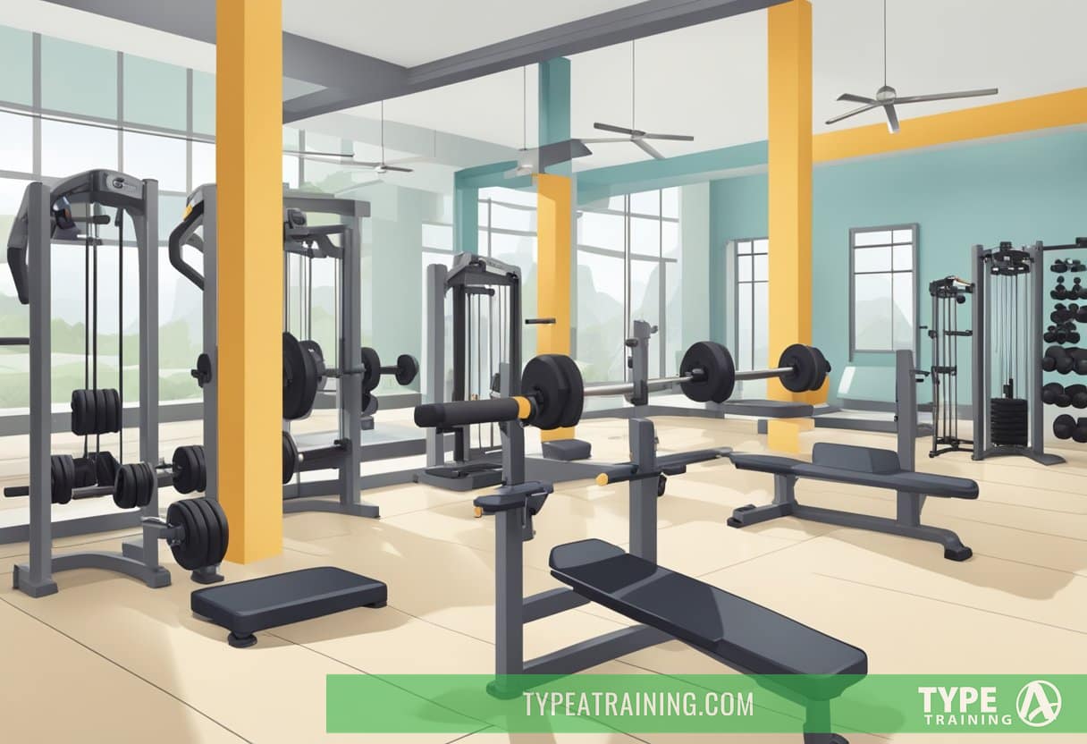 A gym with various free weights scattered on the floor, while machines sit unused in the background. A trainer demonstrates proper form with free weights, showcasing their versatility and functional benefits