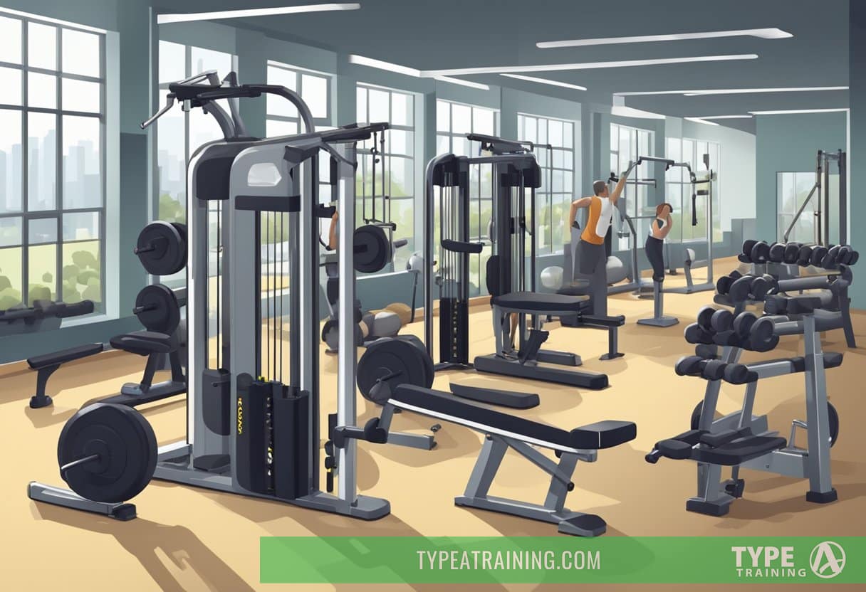 A gym with free weights and machines. People using free weights for various exercises. Machines are unused. Demonstrates versatility and adaptability of free weights