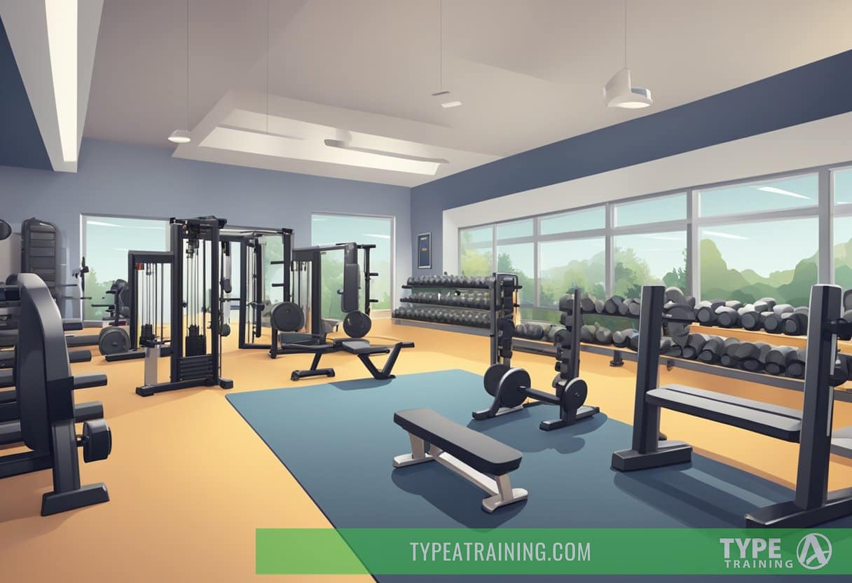 Free weights arranged in a gym, with machines in the background. Focus on the variety of free weight options and the open space for movement