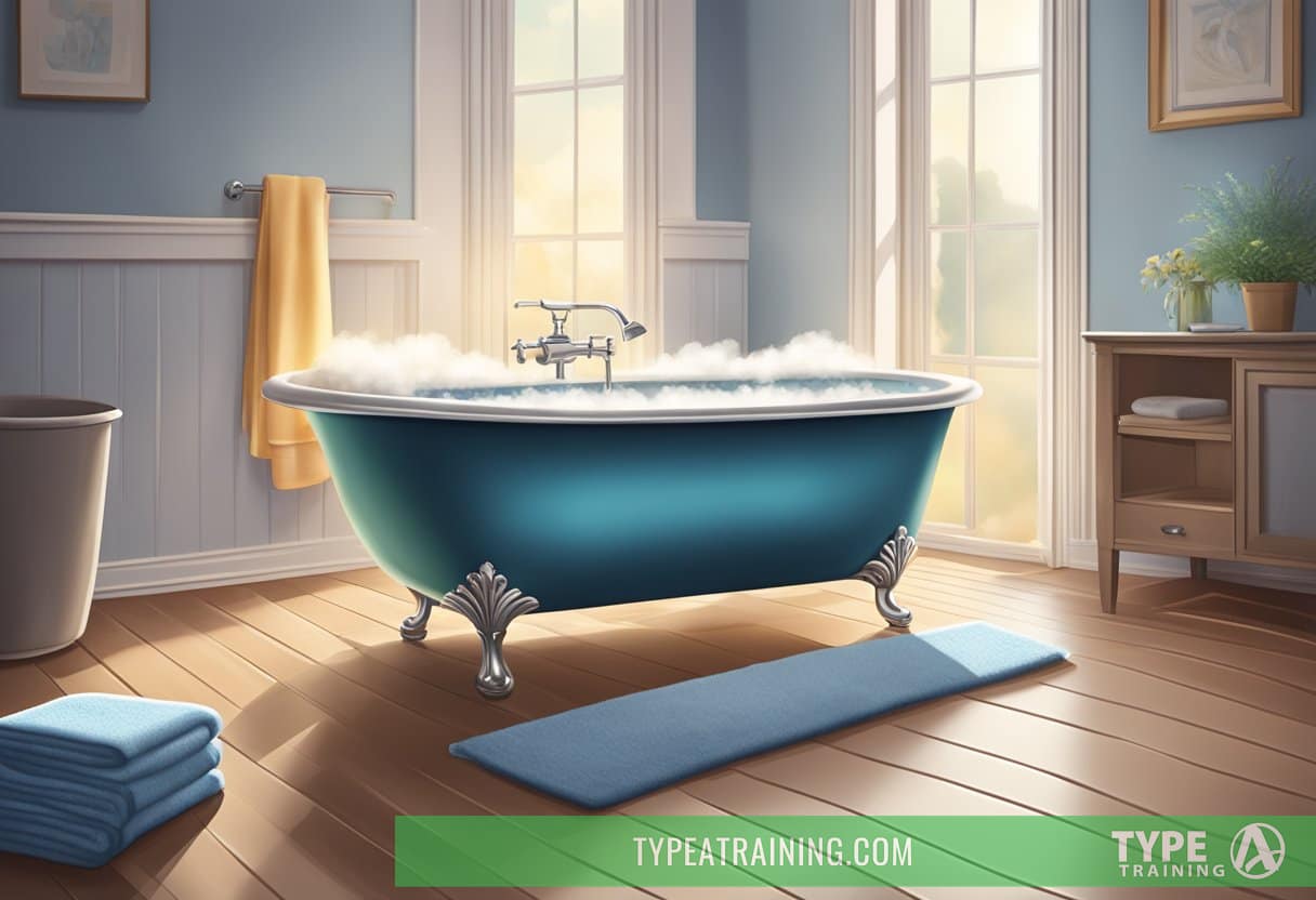 A bathtub filled with Epsom salts, with steam rising from the warm water, surrounded by towels and a serene atmosphere