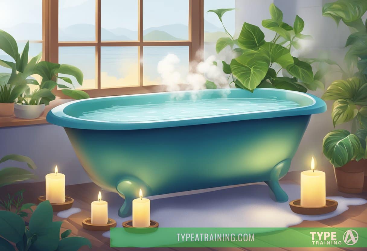 A bathtub filled with Epsom salt, surrounded by candles and plants, with steam rising from the water
