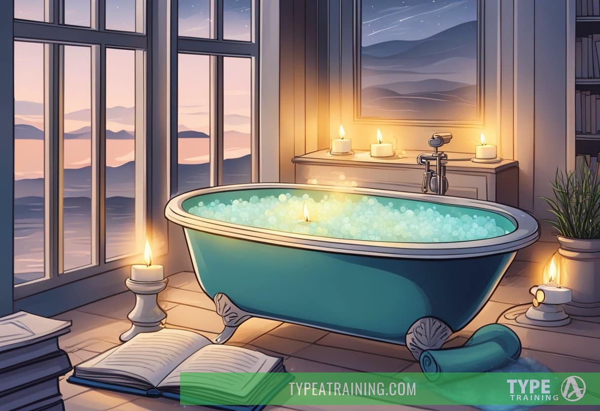 A bathtub filled with Epsom salt, surrounded by candles and a book. Steam rises from the water, creating a relaxing atmosphere for recovery