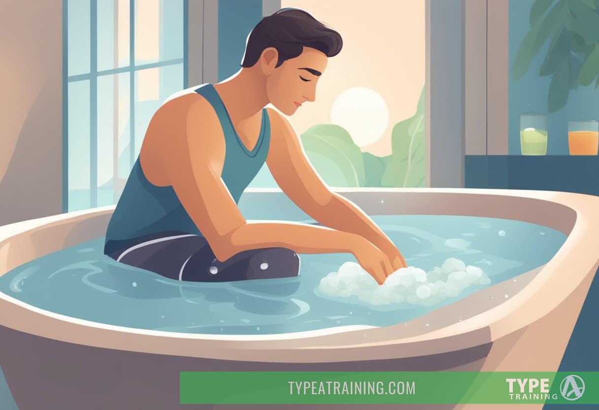 A person soaking in an Epsom salt bath after a workout, with a towel nearby and a serene expression on their face