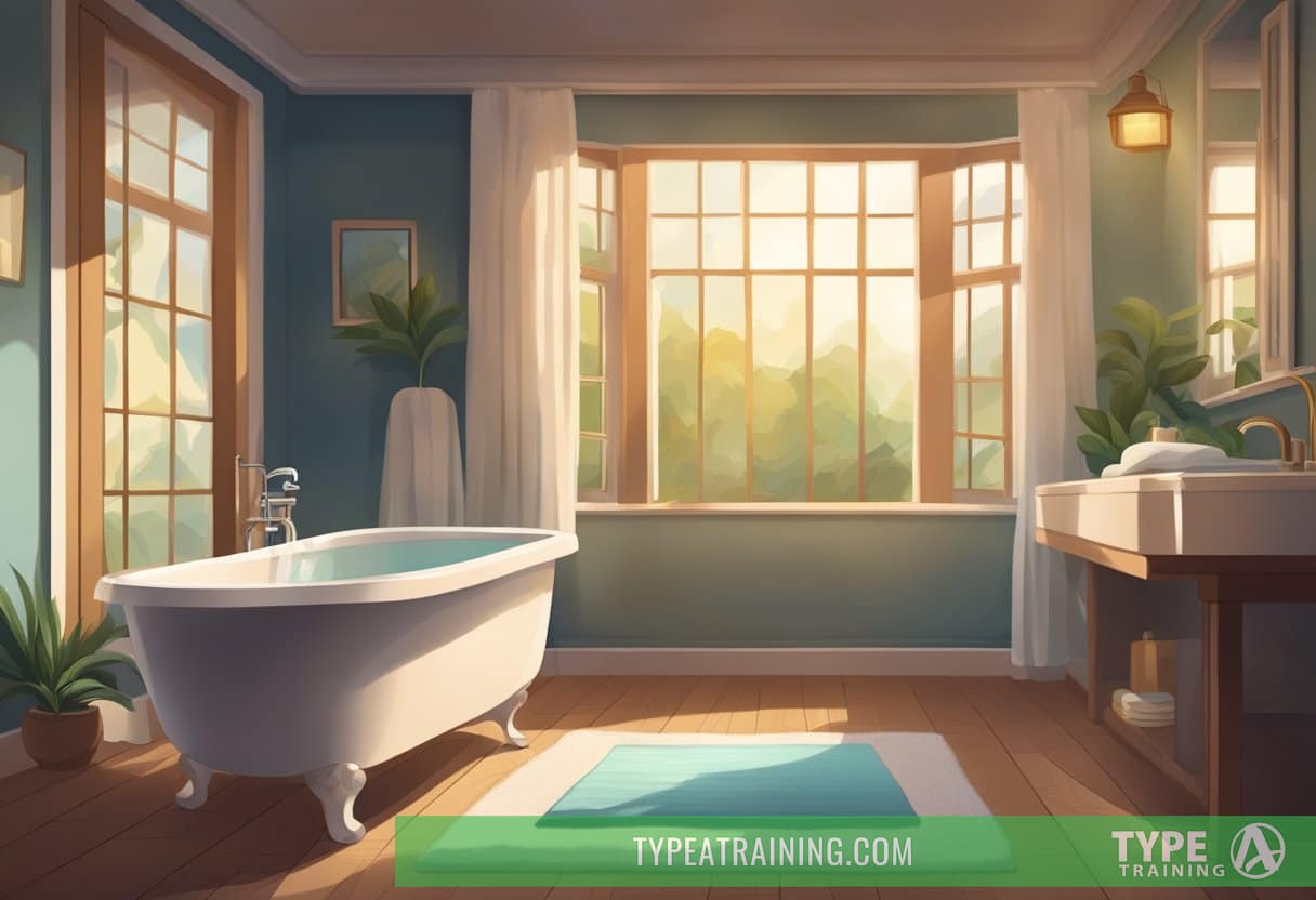 A bathtub filled with warm water and Epsom salt, a towel and robe nearby, a relaxing atmosphere with dim lighting and soothing music