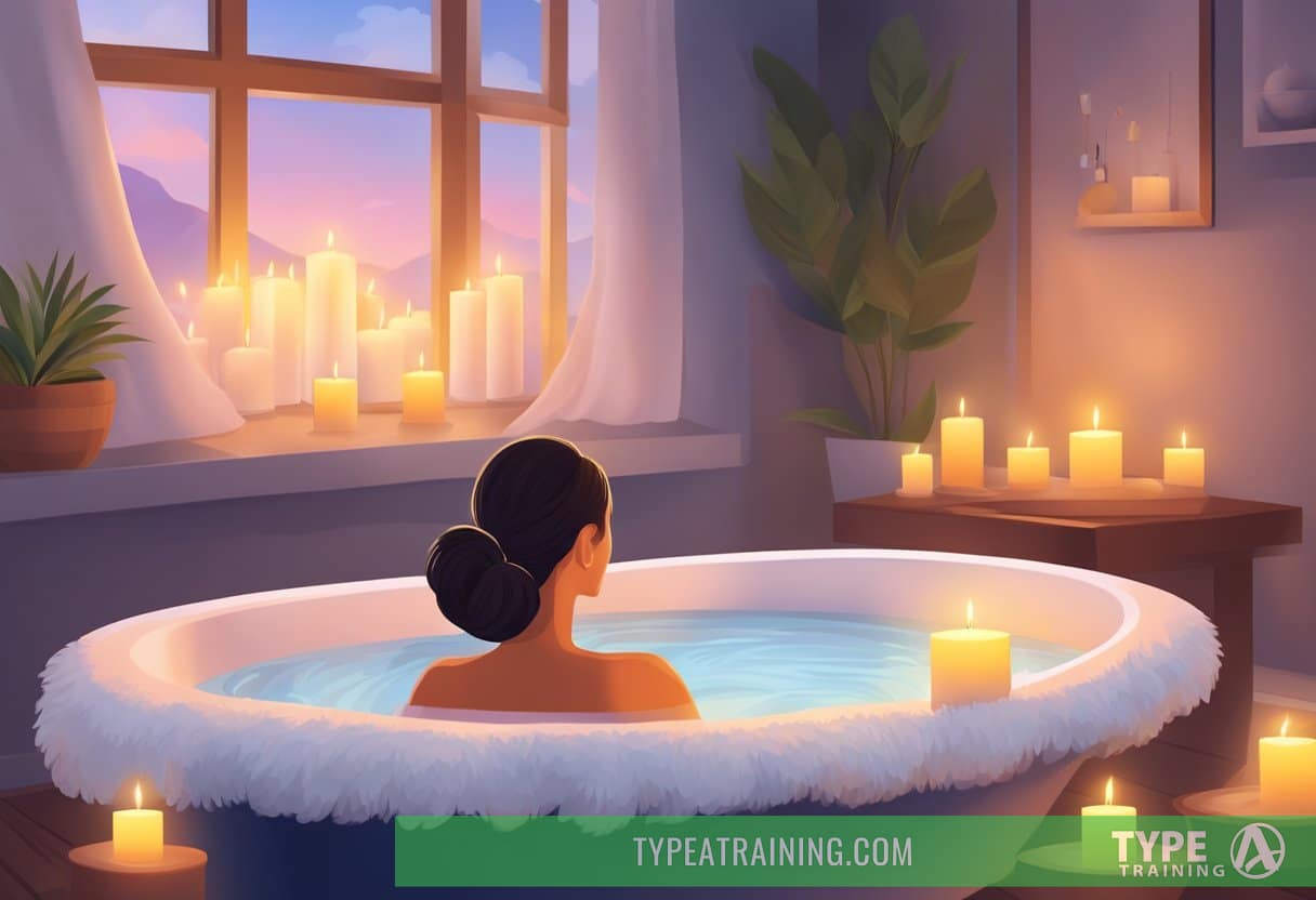 A bathtub filled with Epsom salt, surrounded by candles and a fluffy towel. A person rests nearby, eyes closed in relaxation